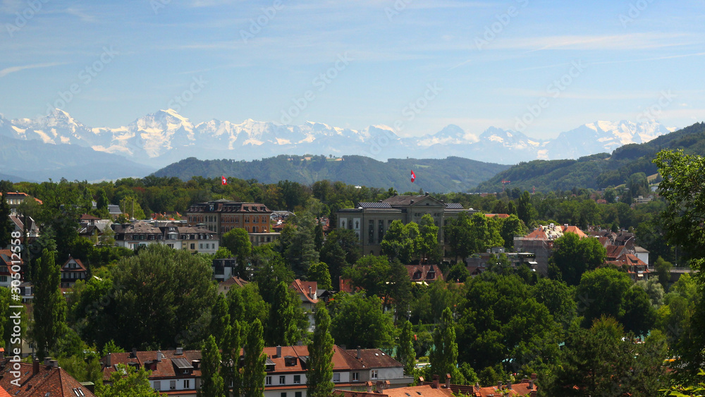 View from the city Bern at the white mountains. Picture was taken on the Swiss National Day on August 1 2019.