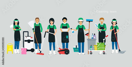 The cleaning team has equipment with a gray background.