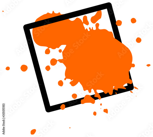 orangener Farbklecks in schwarzem Rahmen