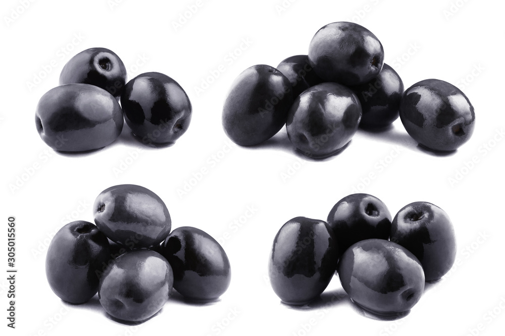 Set of fresh black olives, isolated on white background Set of fresh black olives, isolated on white background