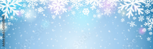 Blue christmas banner with white blurred snowflakes. Merry Christmas and Happy New Year greeting banner. Horizontal new year background, headers, posters, cards, website. Vector illustration