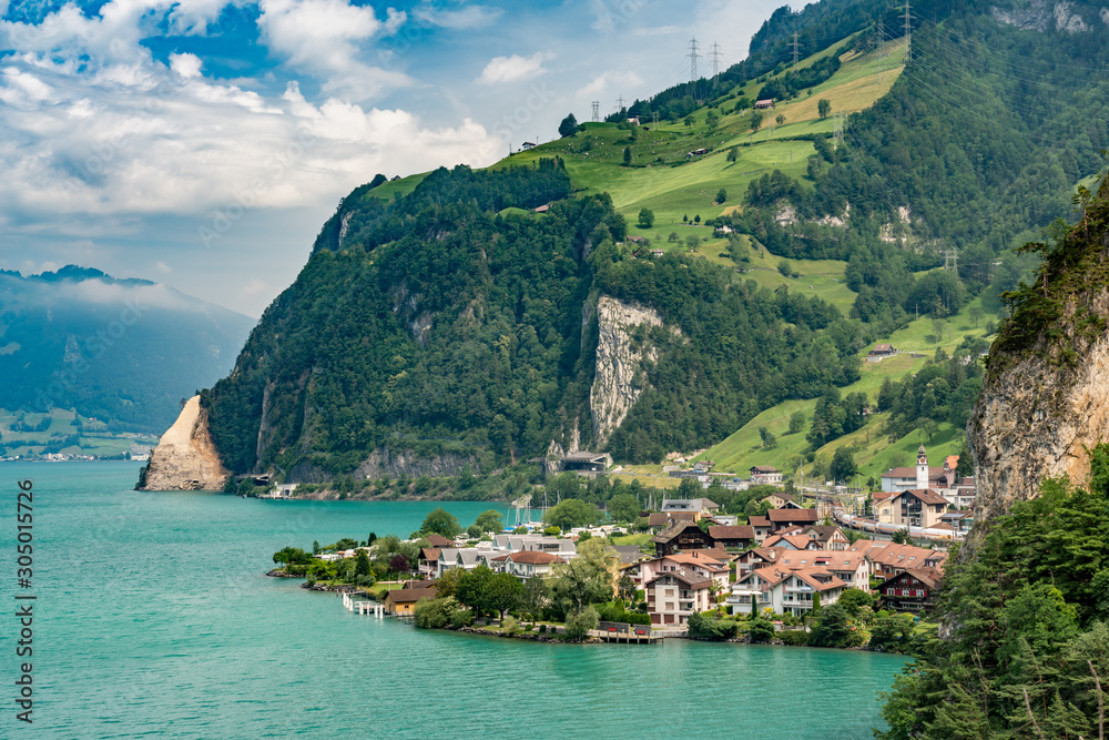 Switzerland, Panoramic view on Sisikon village on lake Lucerne