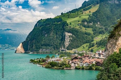 Fototapeta Naklejka Na Ścianę i Meble -  Switzerland, Panoramic view on Sisikon village on lake Lucerne