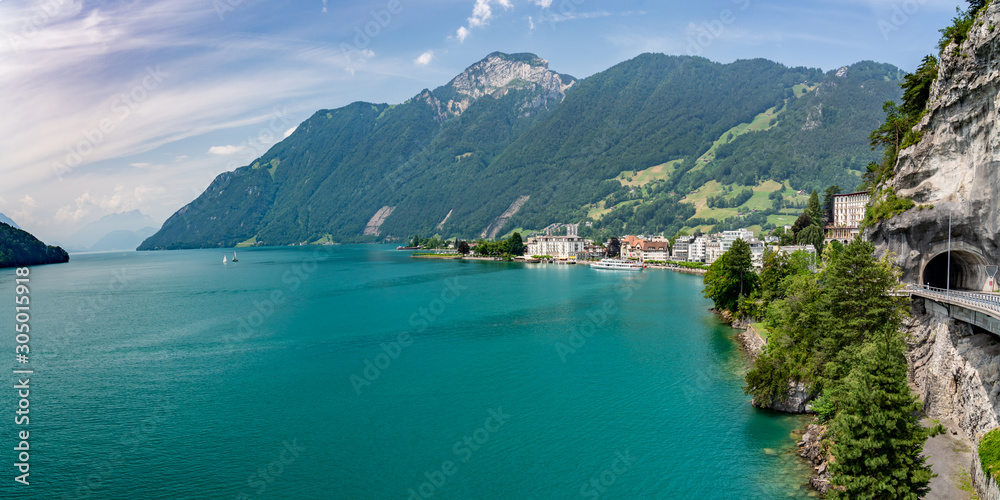 Switzerland, Panoramic view on Brunnen marina on lake Lucerne