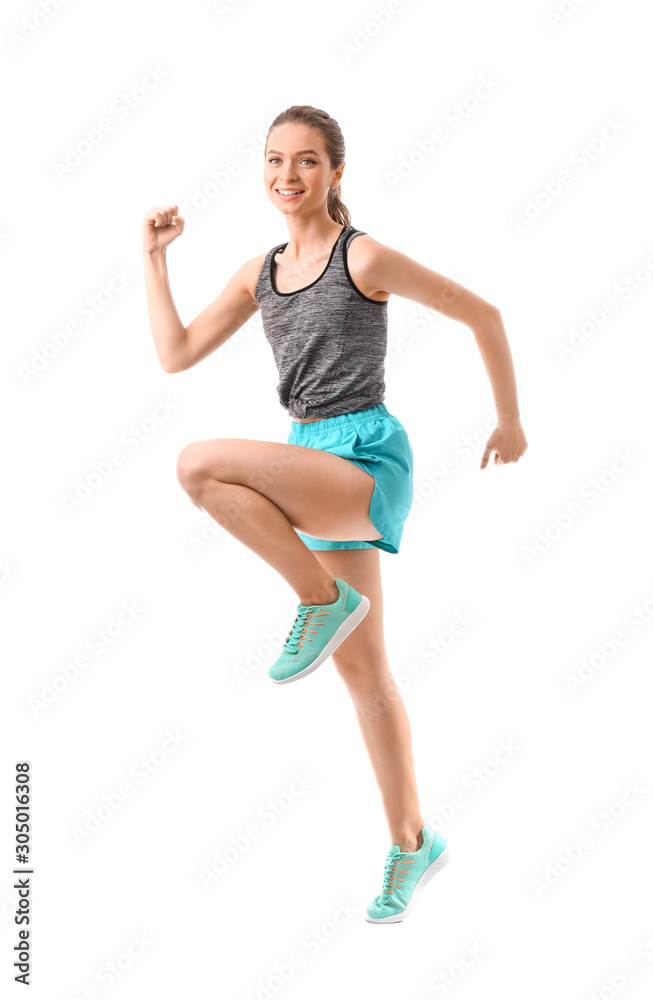 Sporty running young woman on white background Sporty running young woman on white background