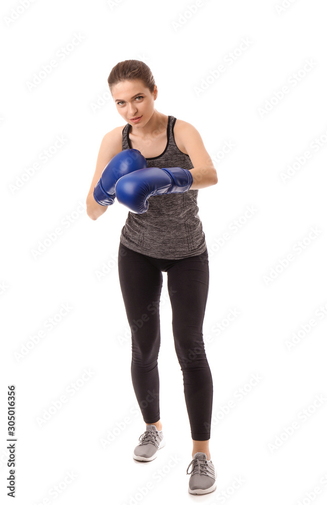 Sporty female boxer on white background Sporty female boxer on white background