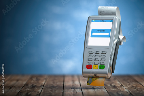 Payment POS teminal with receipt and credit card on blue background.
