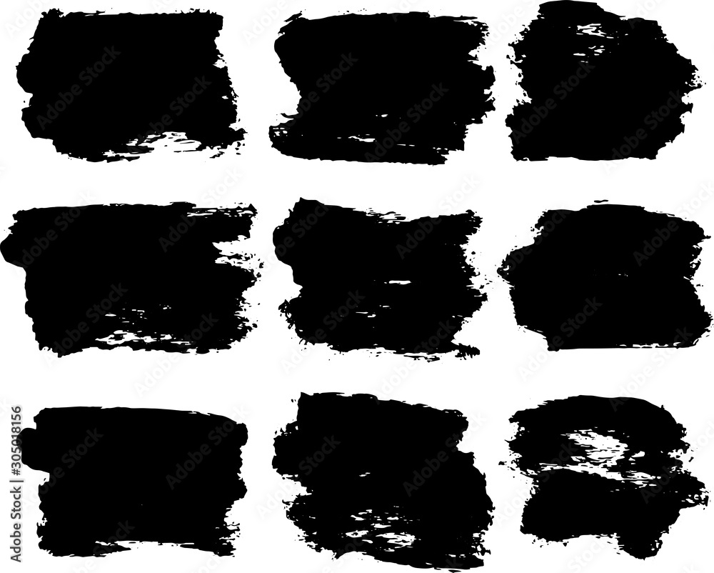 Fototapeta premium Set of abstract black textured strokes of dry paint on white background