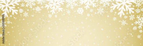 Beige christmas banner with white blurred snowflakes. Merry Christmas and Happy New Year greeting banner. Horizontal new year background, headers, posters, cards, website. Vector illustration