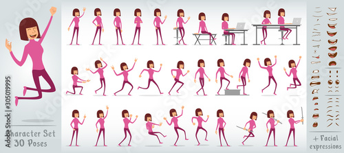 Cartoon flat cute funny happy girl character in pink clothes. 30 different poses and face expressions. Isolated on white background. Big vector icon set.