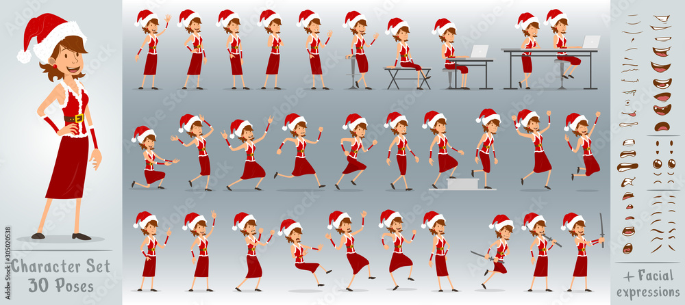 Φωτογραφία Cartoon flat christmasCartoon flat cute funny christmas girl character in red costume and santa claus hat