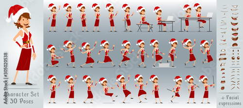 Cartoon flat christmasCartoon flat cute funny christmas girl character in red costume and santa claus hat. 30 different poses and face expressions. Isolated on white background. New Year big vector ic