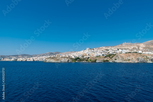 Syros island as seen when entering the port from the ship, Cyclades, Greece
