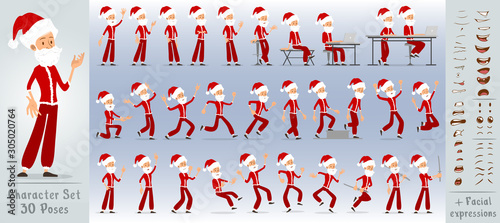 Cartoon flat cute funny christmas bearded boy character win red costume and santa claus hat. 30 different poses and face expressions. Isolated on white background. New Year big vector icon set.