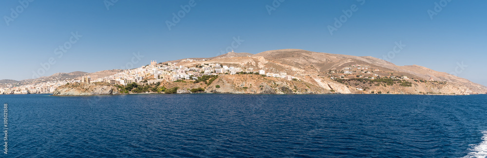 Syros island as seen when entering the port from the ship, Cyclades, Greece