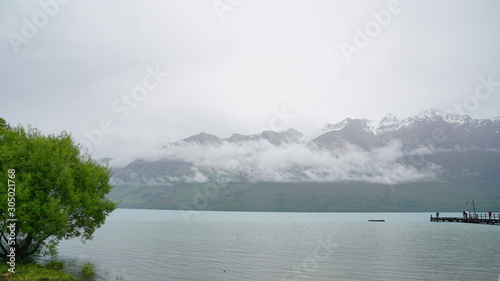 The heavy foggy and rainy weather in the spring time in Glenorchy , New Zealand