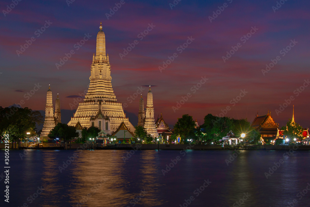 Wat Arun Temple( Temple of dawn) twilight in Bangkok, Thailand.Landmark of Thailand.