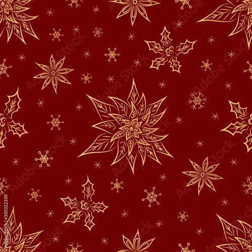 Christmas symbols from ornament elements and snowflakes vector seamless pattern. Stylized gold poinsettia  holly  anise star seamless texture.