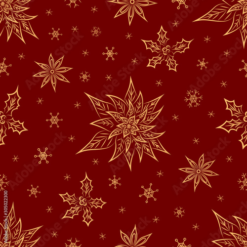 Christmas symbols from ornament elements and snowflakes vector seamless pattern. Stylized gold poinsettia, holly, anise star seamless texture.