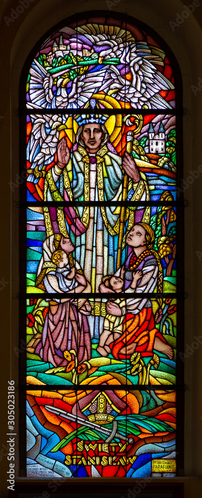 Zegiestow, Poland. 2019/8/10. Stained-glass window depicting Saint Stanislaus of Szczepanow (the Martyr) or Stanislaw Szczepanowski. Roman Catholic Church of Saint Anne.
