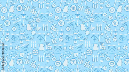 Hanukkah blue background with holiday candles, dreidels, Hebrew letters and David stars. Vector illustration for Jewish Festival of light.