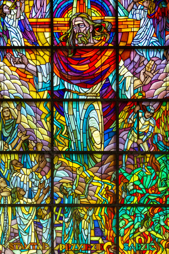 Zegiestow  Poland. 2019 8 10. Stained-glass window depicting Jesus Christ in glory with the words  from there He will come to judge  Roman Catholic Church of Saint Anne.