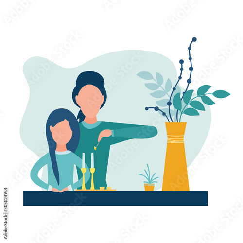 Jewish religion woman in headdress. Mother and daughter lighting candles for Shabbat. Isolated on white background. Vector illustration. Modern flat style.