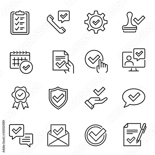 Decision approved with check marks linear icons set
