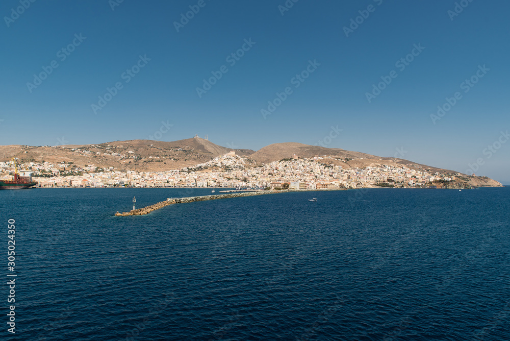 Syros island as seen when entering the port from the ship, Cyclades, Greece