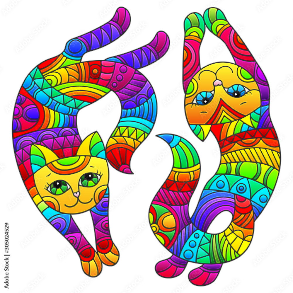 Set of stained glass elements with rainbow cats , isolated images on white background Set of stained glass elements with rainbow cats , isolated images on white background
