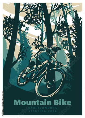 mountain bike cycling in the forest vintage retro poster illustration