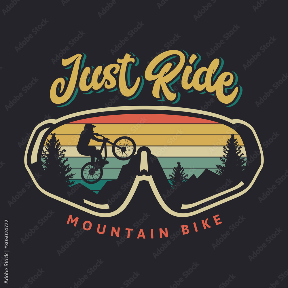 Plakat Po prostu jeździć na rowerze górskim vintage retro rowerzysta ilustracja z tłem zachodu słońca i okularami