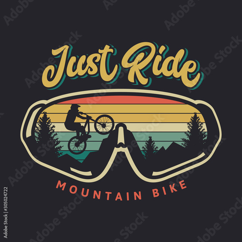 Just ride mountain bike vintage retro cyclist illustration with sunset background and glasses