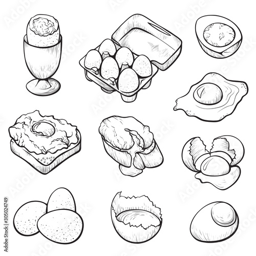 Raw and cooked eggs hand drawn vector illustration set