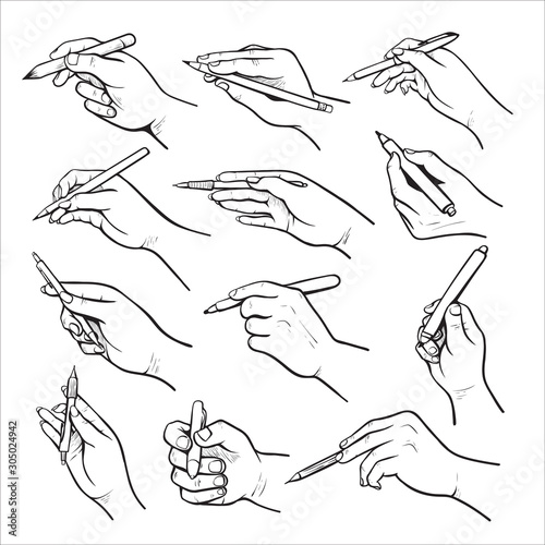 Hand holding pen black and white illustrations set