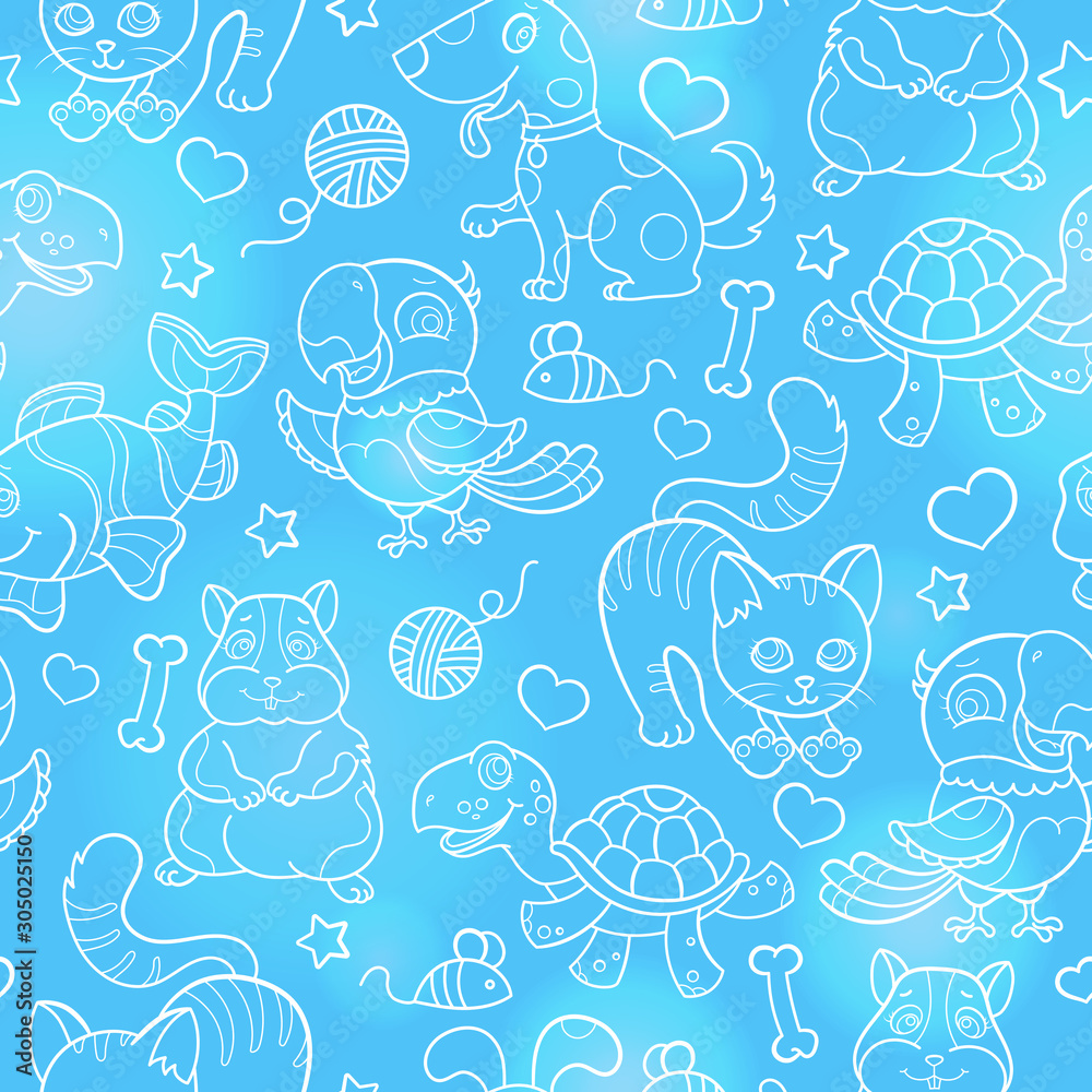 Seamless pattern with cute Pets, white outlines on a blue background
