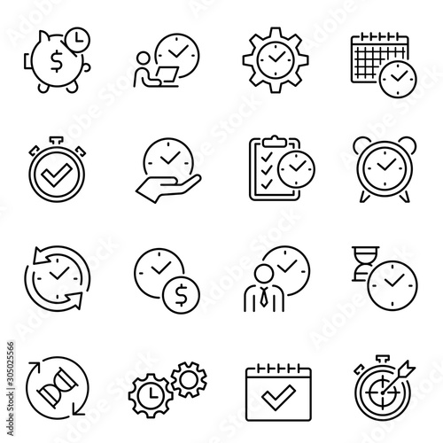 Time management thin line contour icons set
