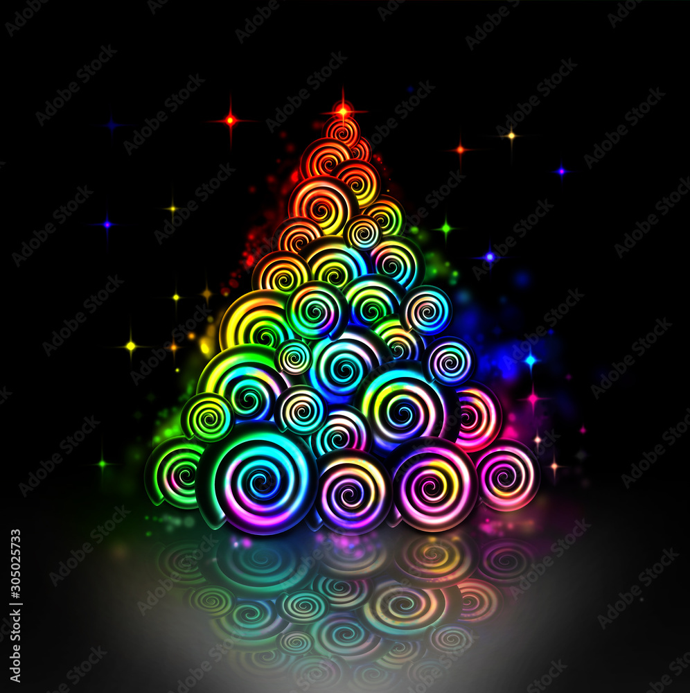 Decorative designer illuminated Christmas tree of all colors of the rainbow Hand drawn. digital illustration. digital art. New year card.