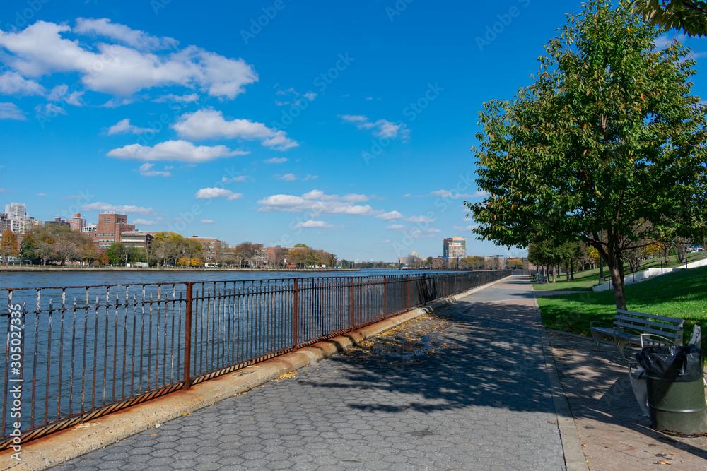 Empty Walkway at Rainey Park along the East River in Astoria Queens New York