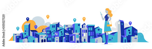 Young woman using navigation app. Cityscape background with gps pins - Vector