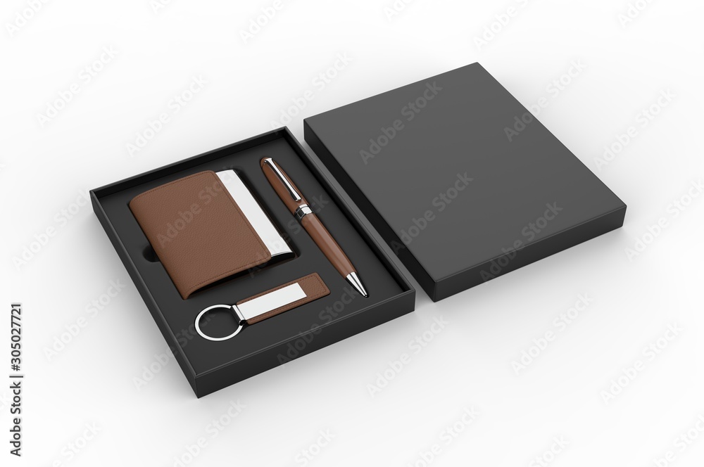 Visiting card holder, key chain and pen gift set box, 3d render illustration. Visiting card holder, key chain and pen gift set box, 3d render illustration.