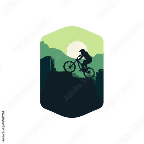 mountain bike illustration flat gradation background color green . sign logo badge symbol tshirt poster design