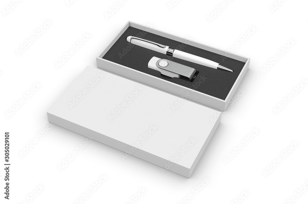 Blank pen drive and ball point pen with paper box packaging for promotional branding. 3d render illustration. Blank pen drive and ball point pen with paper box packaging for promotional branding. 3d render illustration.