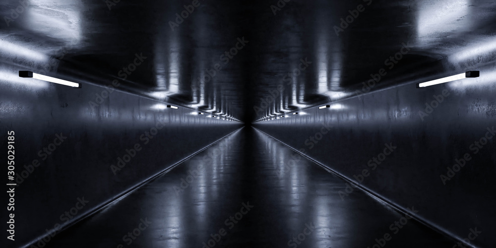 Underground concrete utility tunnel with low key blue lighting industrial grunge concrete background 3d render illustration