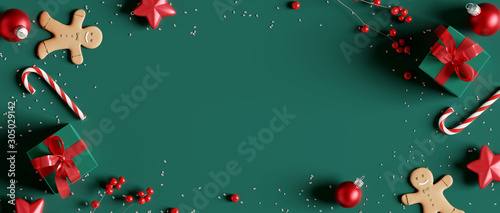Christmas decorations with gift box on green background. 3d rendering