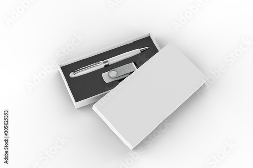 Blank pen drive and ball point pen with paper box packaging for promotional branding. 3d render illustration.