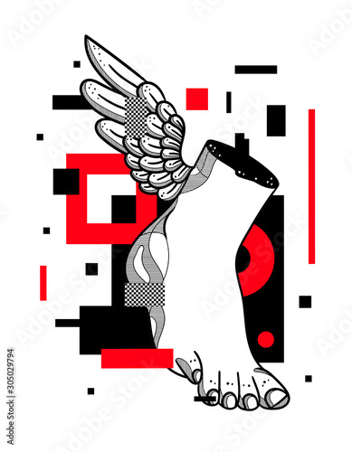 Hermes foot sculpture. Glitch red modern style.