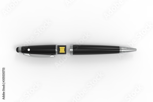 Blank Ballpoint pen with integrated USB stick packaging for promotional branding. 3d render illustration.