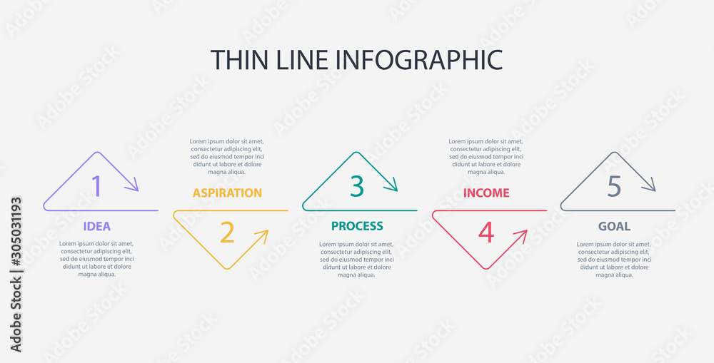 Thin line triangle arrow infographics template with 5 options or steps. Infographics for business concept, presentation, web design, banners, diagram, workflow, timeline.  Vector eps 10