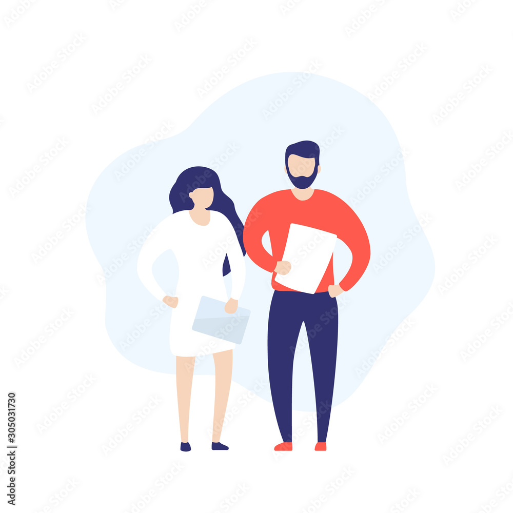 business people, girl with tablet and man with documents, vector characters